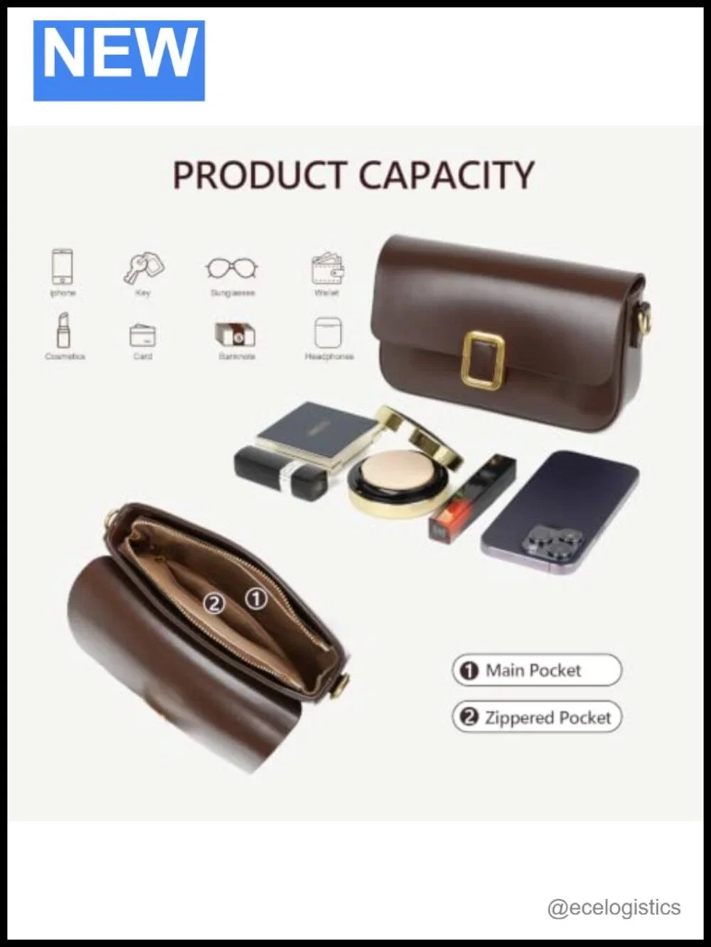 Genuine Leather Crossbody Bag with Adjustable Strap & Gold Chain